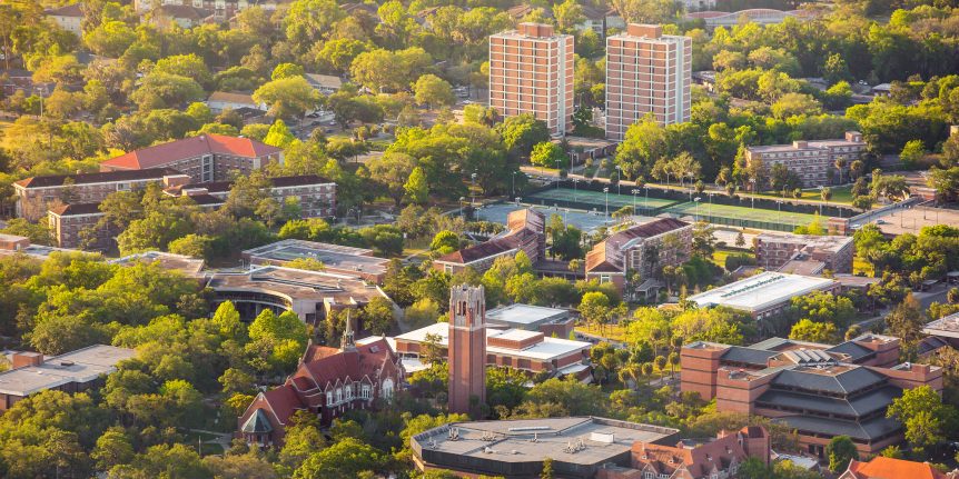 Aerial photo of UF Campus showing Beaty Towers prominently